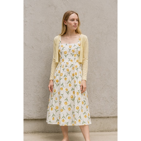Joie Dresses & Skirts - Floral Square-Neck Midi Dress in Yellow Tulip